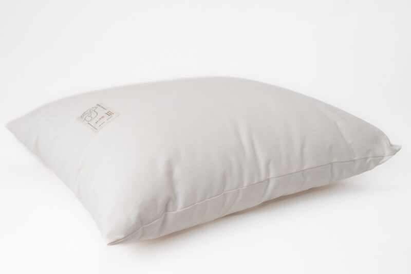 Square wool pillow in white cotton encasement against white background