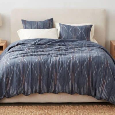 Bedroom featuring Organic Cotton Duvet Cover in Blue Ikat Duvet
