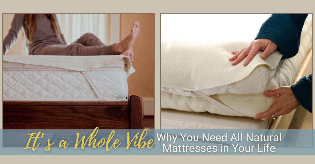 Two separate photos show two different mattresses. One shows a young woman lounging on a latex mattress. The other shows two hands making a bed showing the wool mattress.