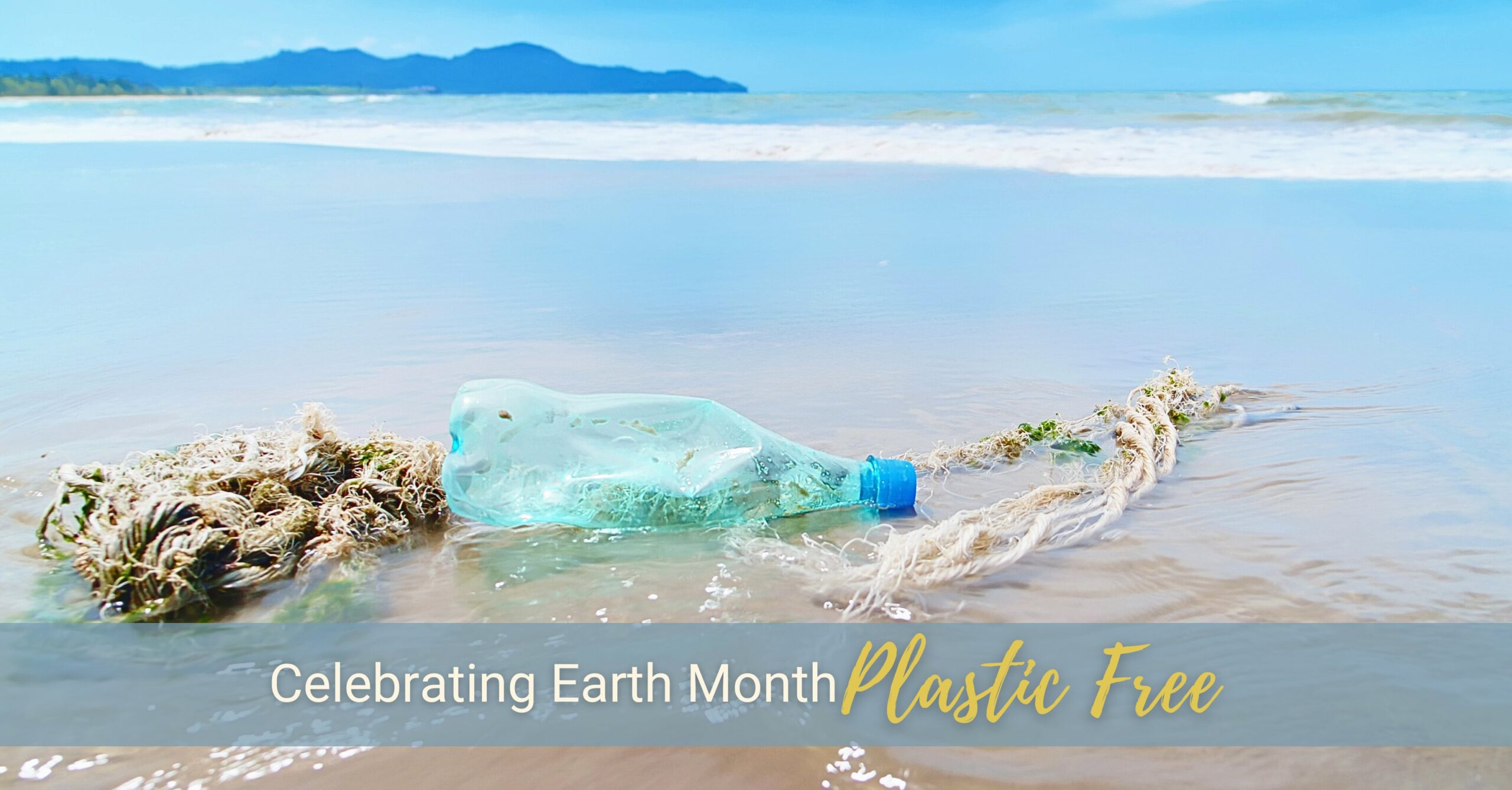 A plastic water bottle pollutes a beautiful beach with the ocean in the background.
