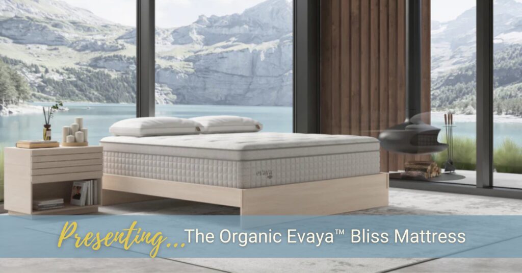 The new Evaya Bliss mattress rests in a serene bedroom with a lake and mountains framed in the windows.
