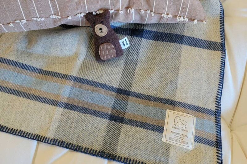 Merino Throw in Blue Plaid with wool bear