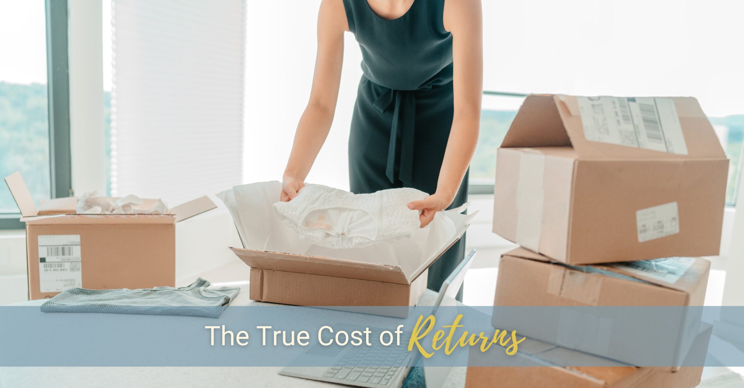 A woman opens multiple boxes of clothing that have been shipped to her.