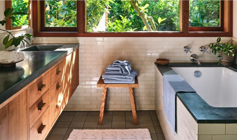Bathroom with Coyuchi organic cotton Air Weight towels in Gulf