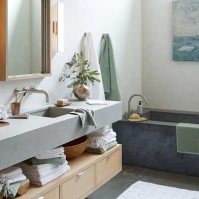 Bathroom with organic cotton Air Weight Towels in Sea Mist, Alpine White