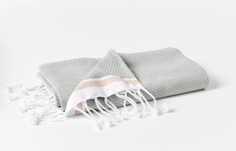Coyuchi Mediterranean towel in Deep Pewter with Tangerine Stripes