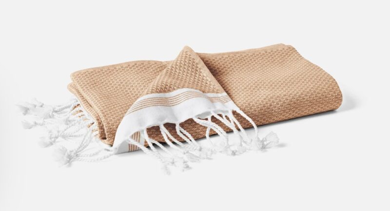 Coyuchi Mediterranean towel in Fawn with Rust Stripes