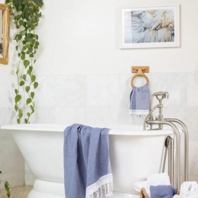 Bathroom with Coyuchi Mediterranean towels in Lake with Sea Spray Stripes