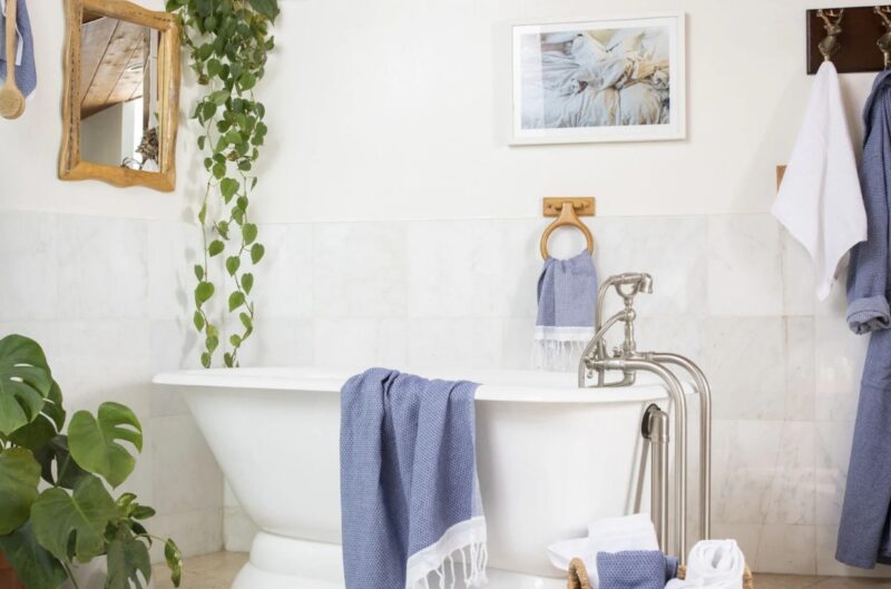 Bathroom with Coyuchi Mediterranean towels in Lake with Sea Spray Stripes
