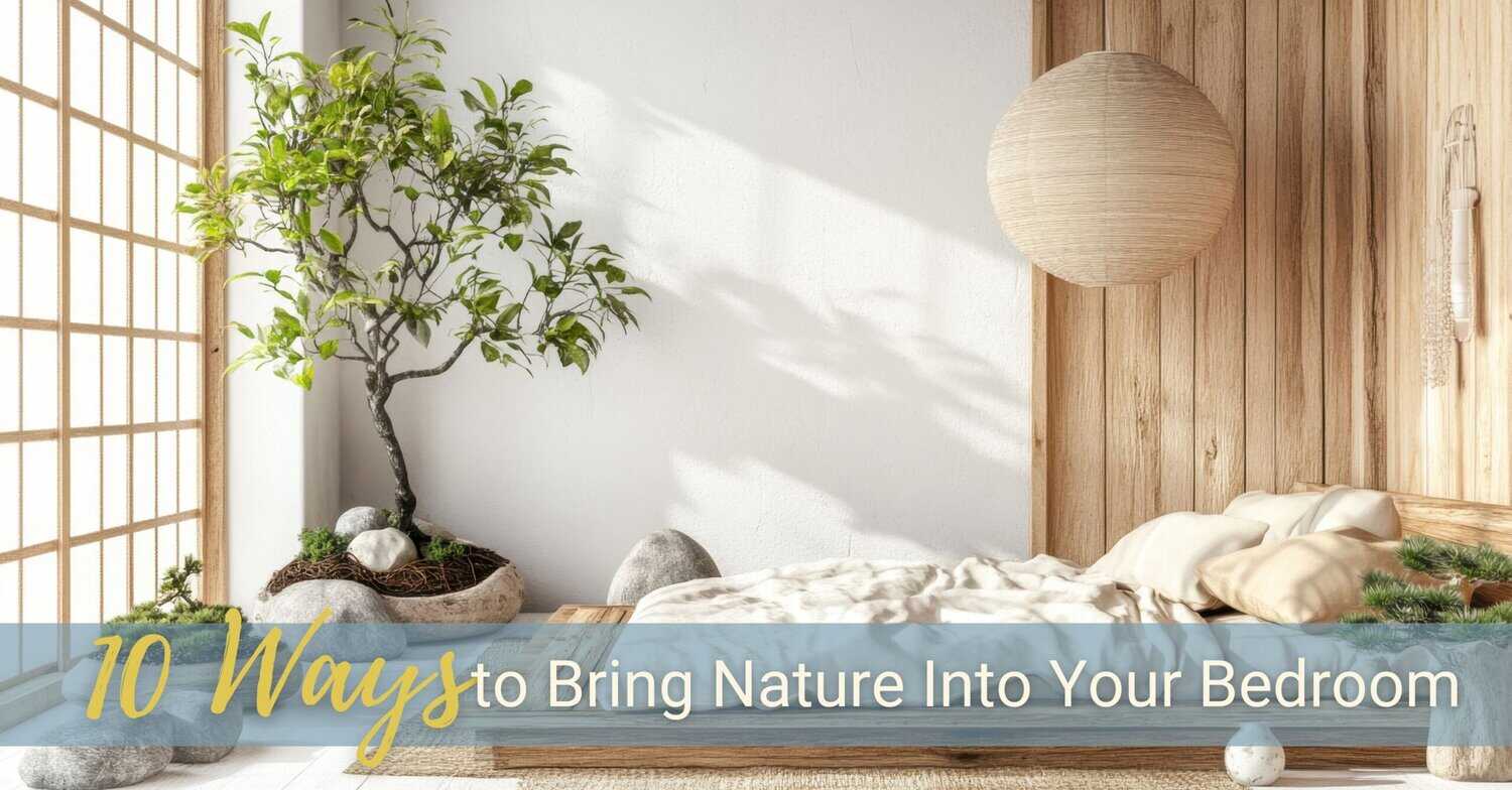 A serene, Japanese-inspired bedroom with plants, natural wood, and natural fabrics.