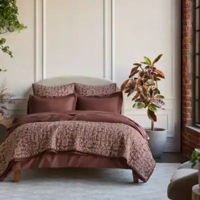 Coyuchi Cloud Soft Organic Sateen Sheet Set lifestyle photo in Mulberry